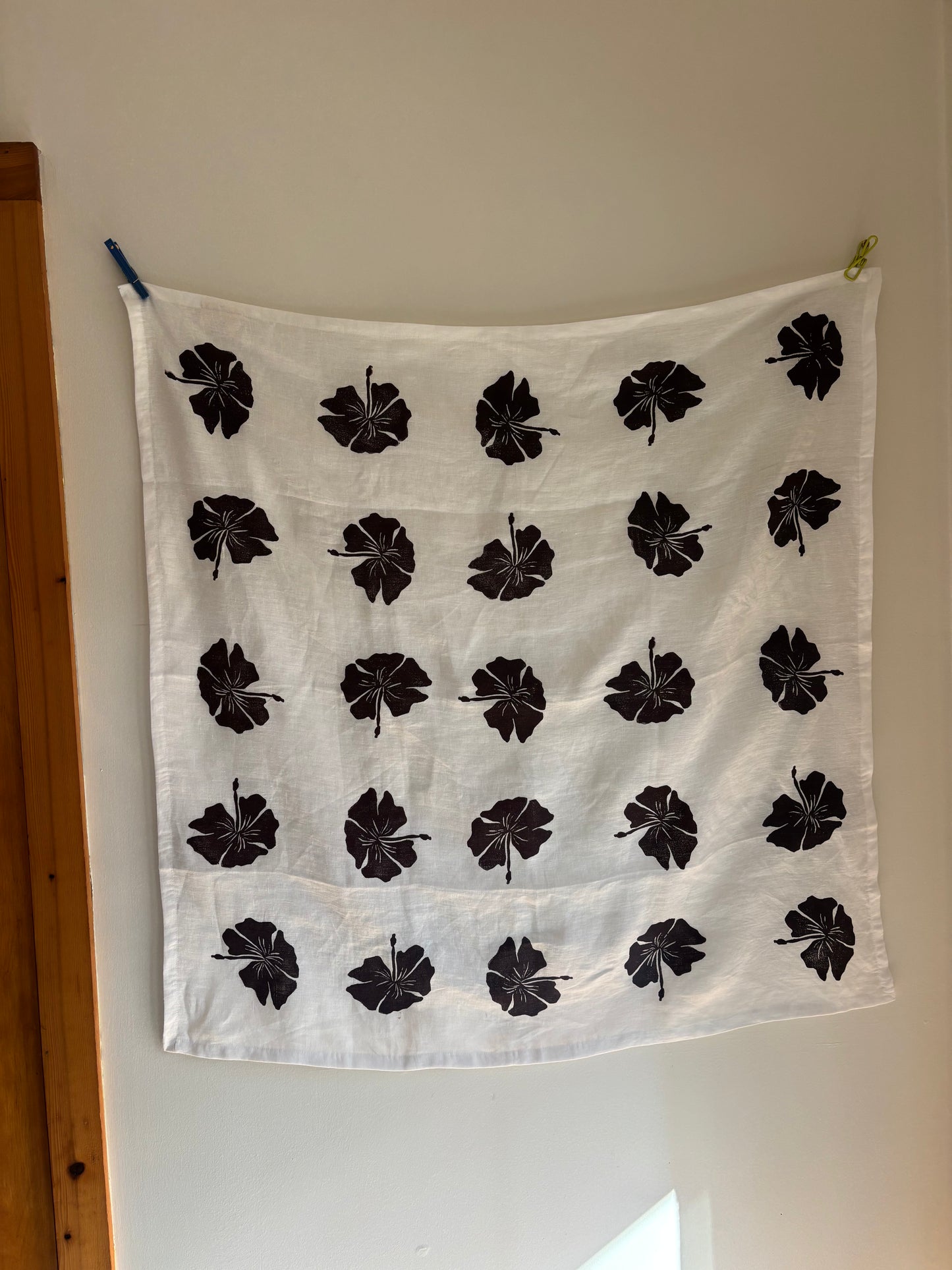 Angora White Purple Hibiscus Linen Tablecloth