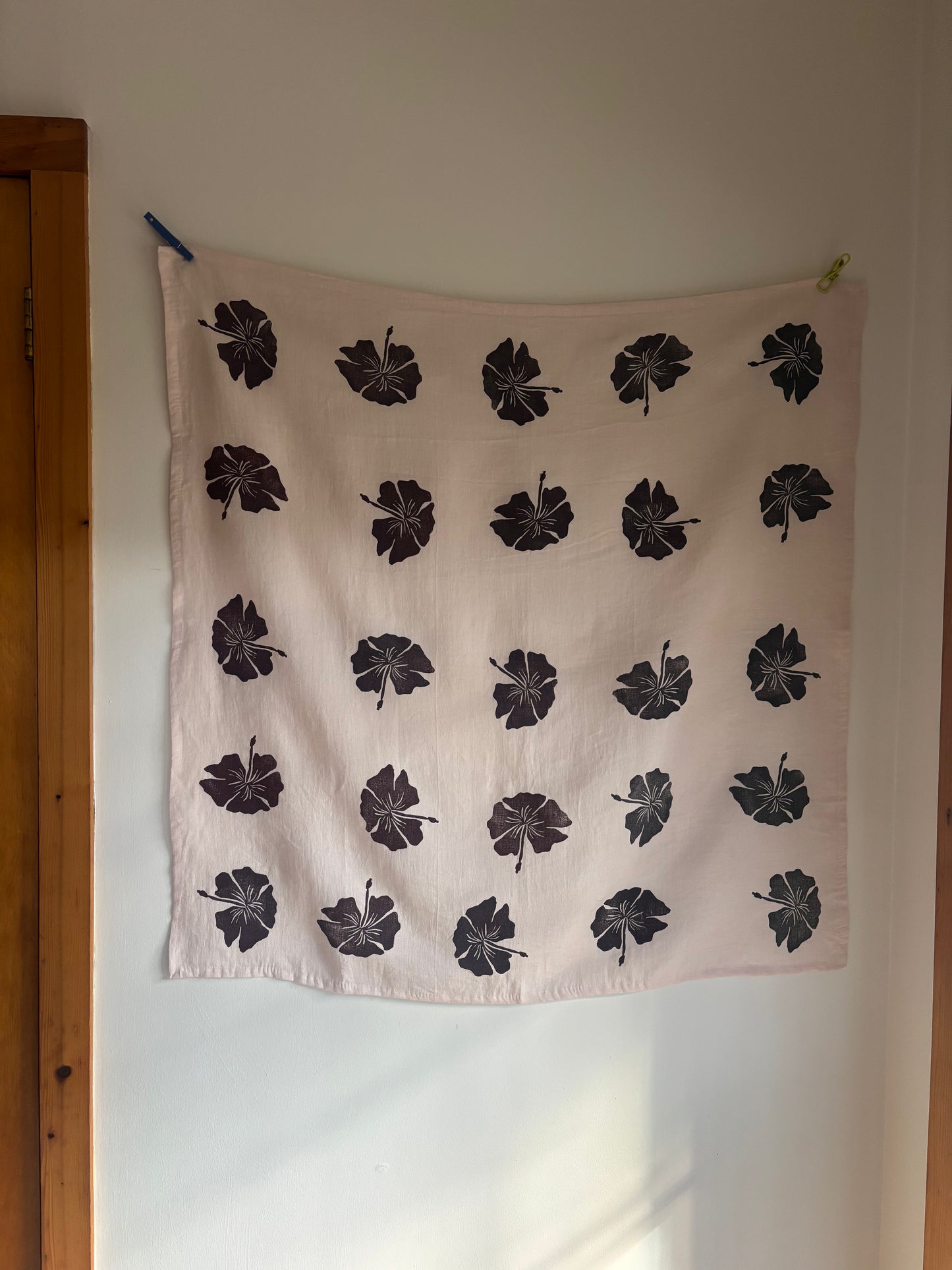 A Ivory Bloom Purple Hibiscus Linen Tablecloth