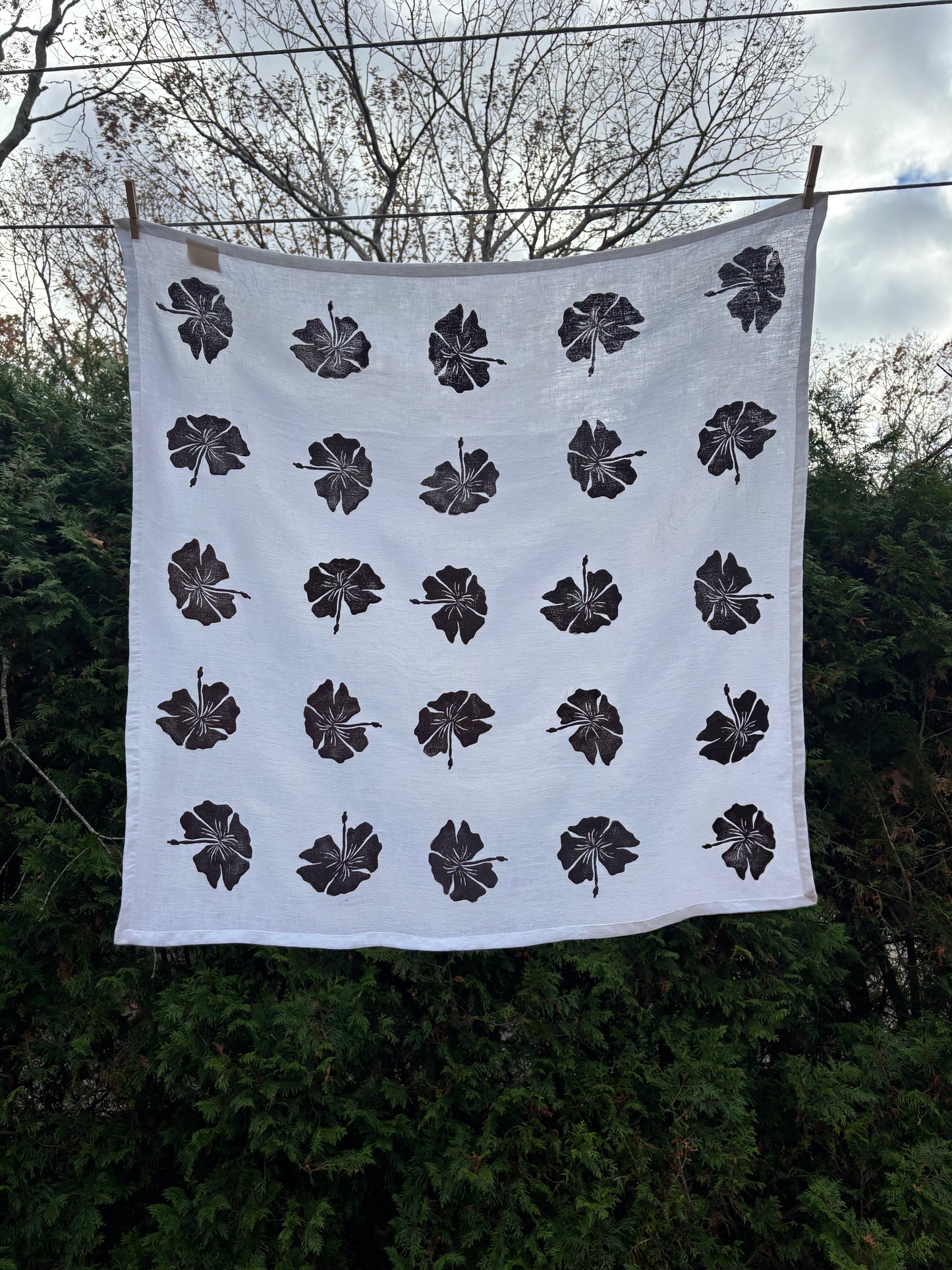 Angora White Purple Hibiscus Linen Tablecloth