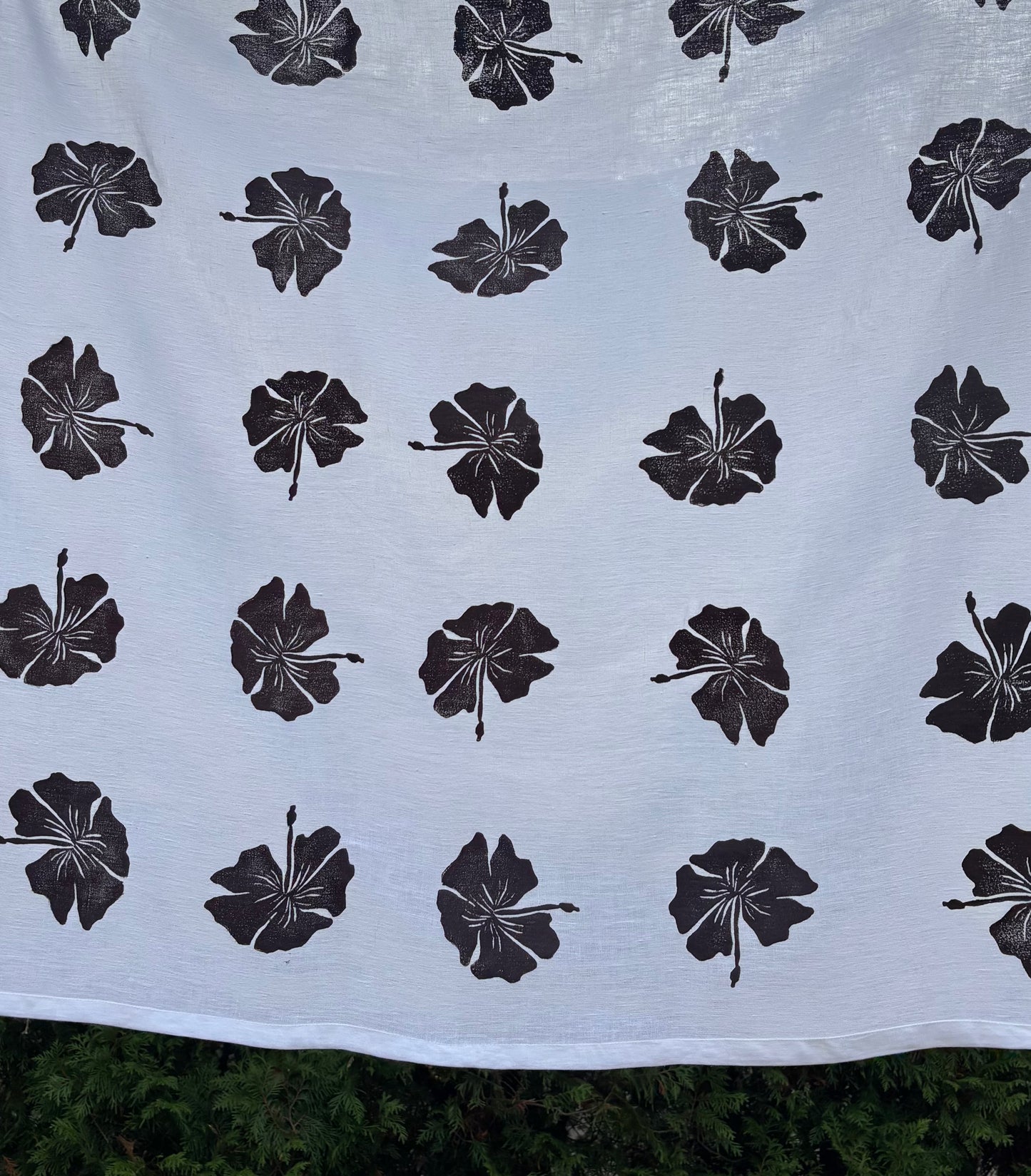 Angora White Purple Hibiscus Linen Tablecloth