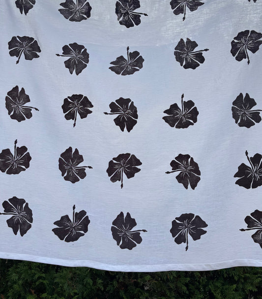 Angora White Purple Hibiscus Linen Tablecloth