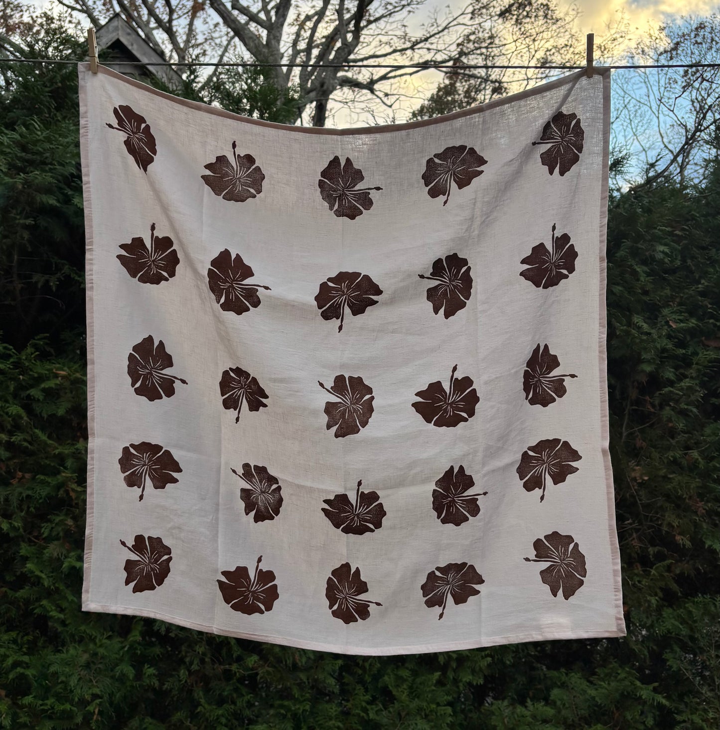 A Ivory Bloom Brown Hibiscus Linen Tablecloth